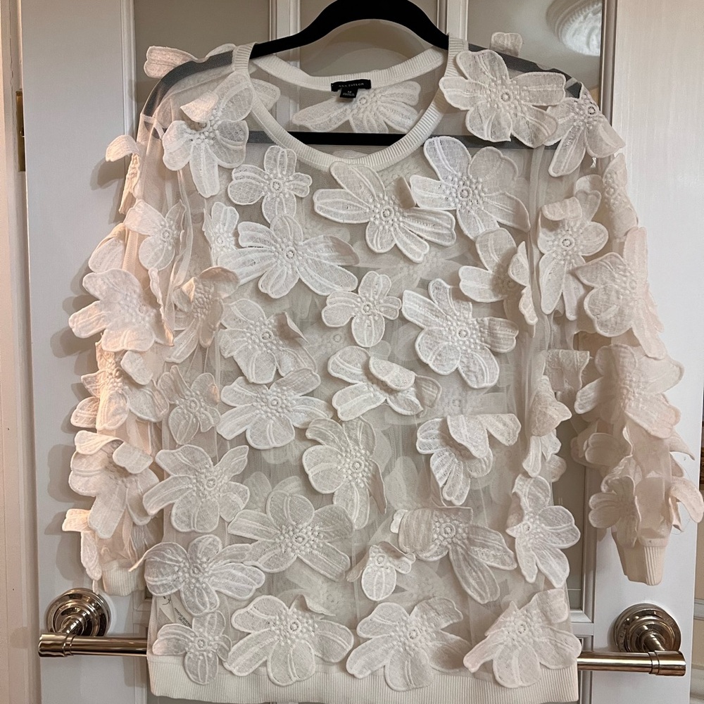 Ann Taylor Ivory Floral Applique Sweater